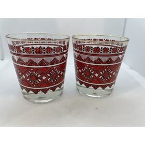 Vintage MCM Pair Red Black And White Design Bar Glasses 3 Inches Tall Tumblers